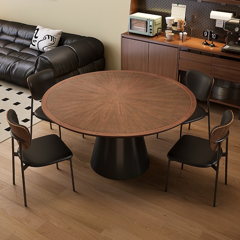 优选新款中古风实木岩板餐桌椅组合小户型家用圆R形带转盘创意轻