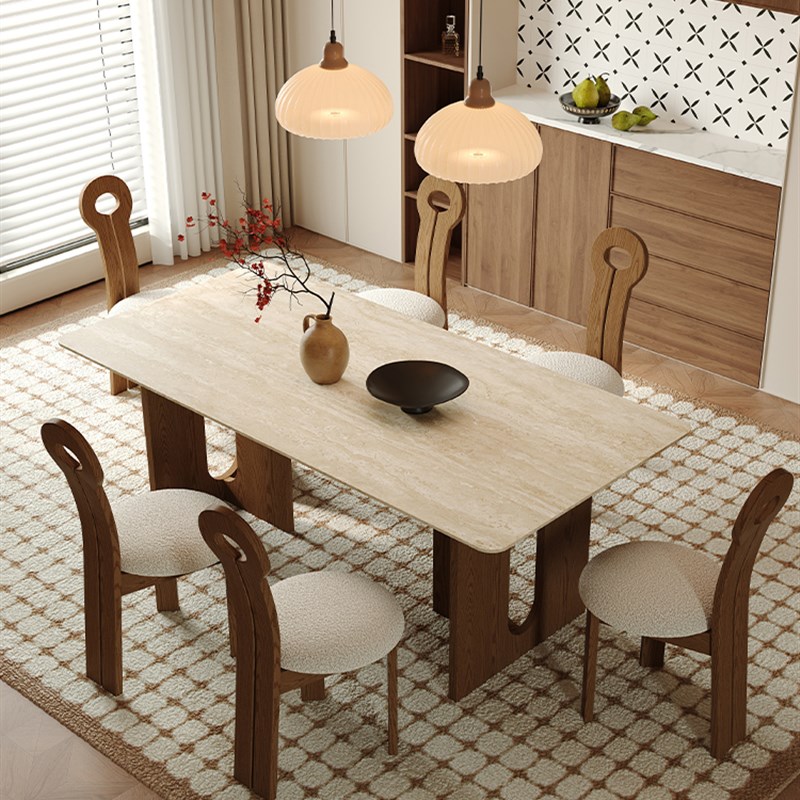 优选中世纪风格石灰华石板餐桌长方形实木客N厅家庭简单的小公寓