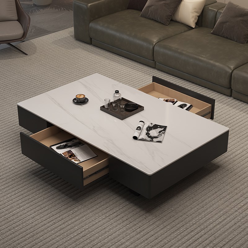 优选实木意式轻奢长方形岩板茶几客厅家用高级感R现代简约黑色茶