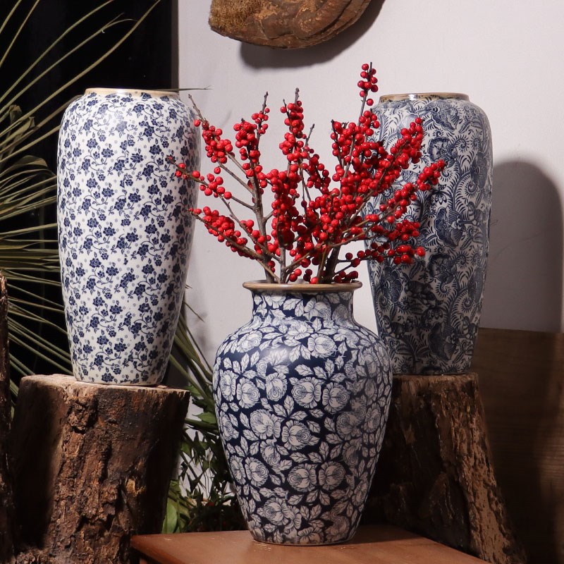 优选青花瓷花瓶时尚现代复古中古景德镇陶瓷摆件R新中式客厅插花