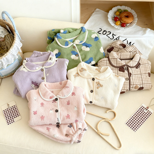 儿童家居服套装雪粒绒男童女宝宝冬季雪粒绒开衫加绒加厚保暖睡衣