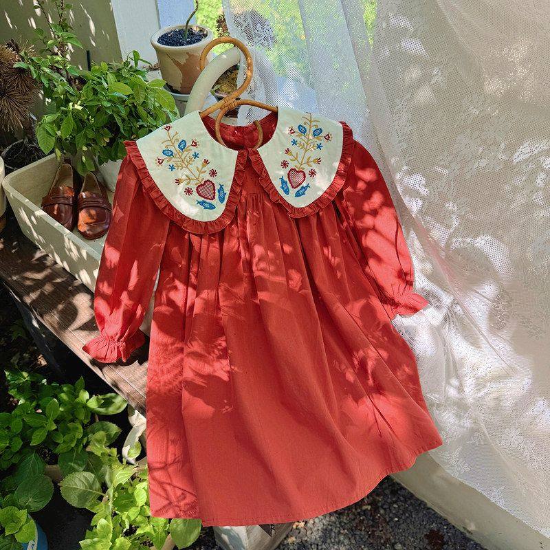 娃娃翻领复古绣花女童连衣裙2025秋款大红色宝宝生日裙长袖公主裙,童装/婴儿装/亲子装,连衣裙,淘宝优惠券,粉丝福利购,淘宝优惠卷