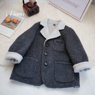 新品高级灰100%羊毛双面羊绒手工大衣西装短款男童女童洋气外套