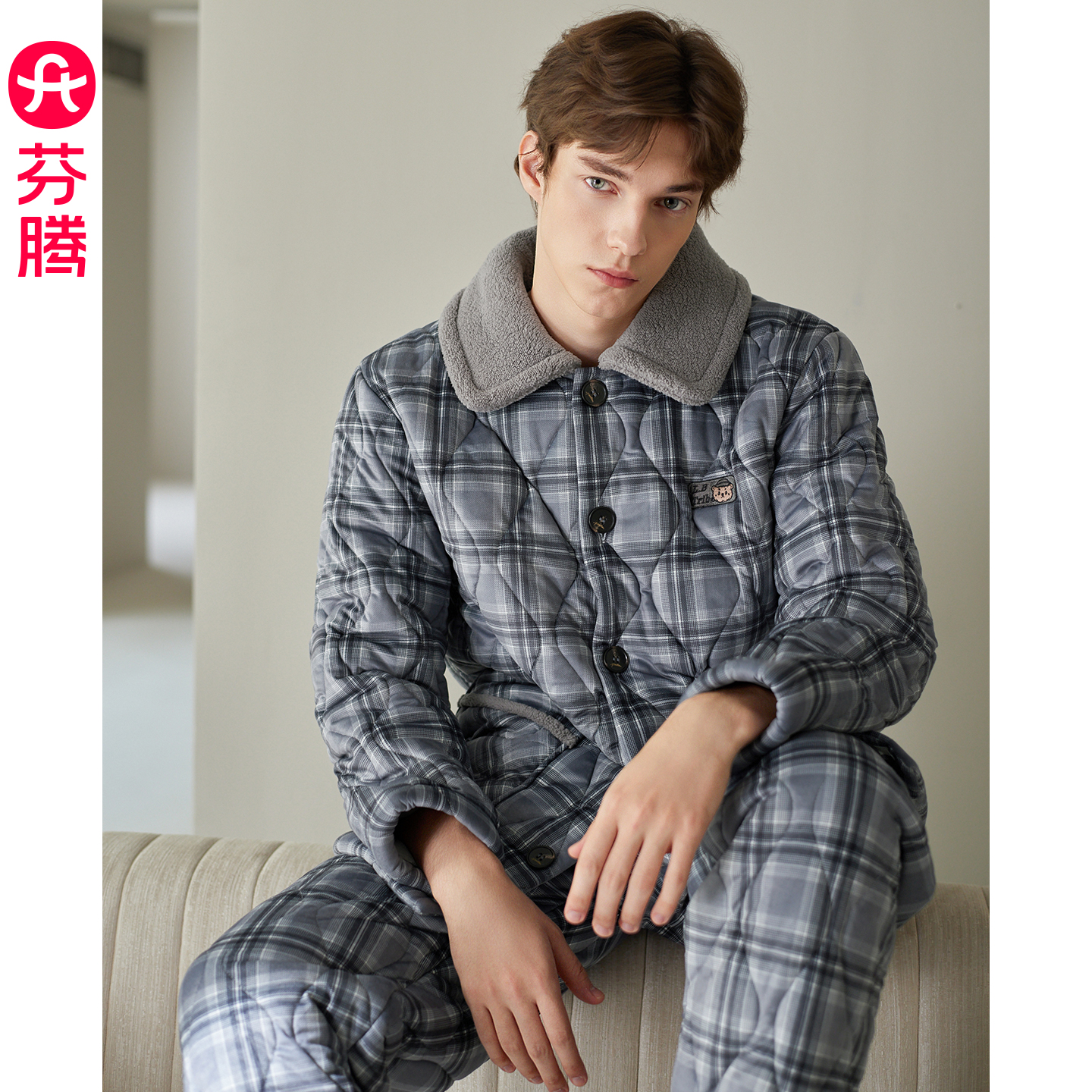 芬腾睡衣男士冬季珊瑚绒夹棉三层