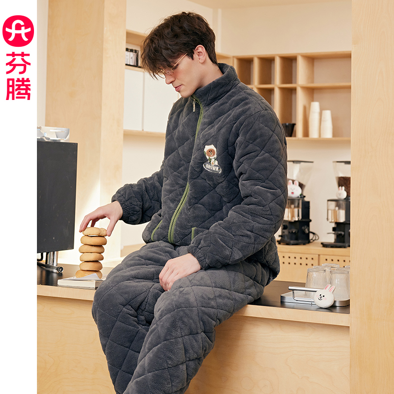 芬腾男夹棉抗静电布朗熊家居睡衣