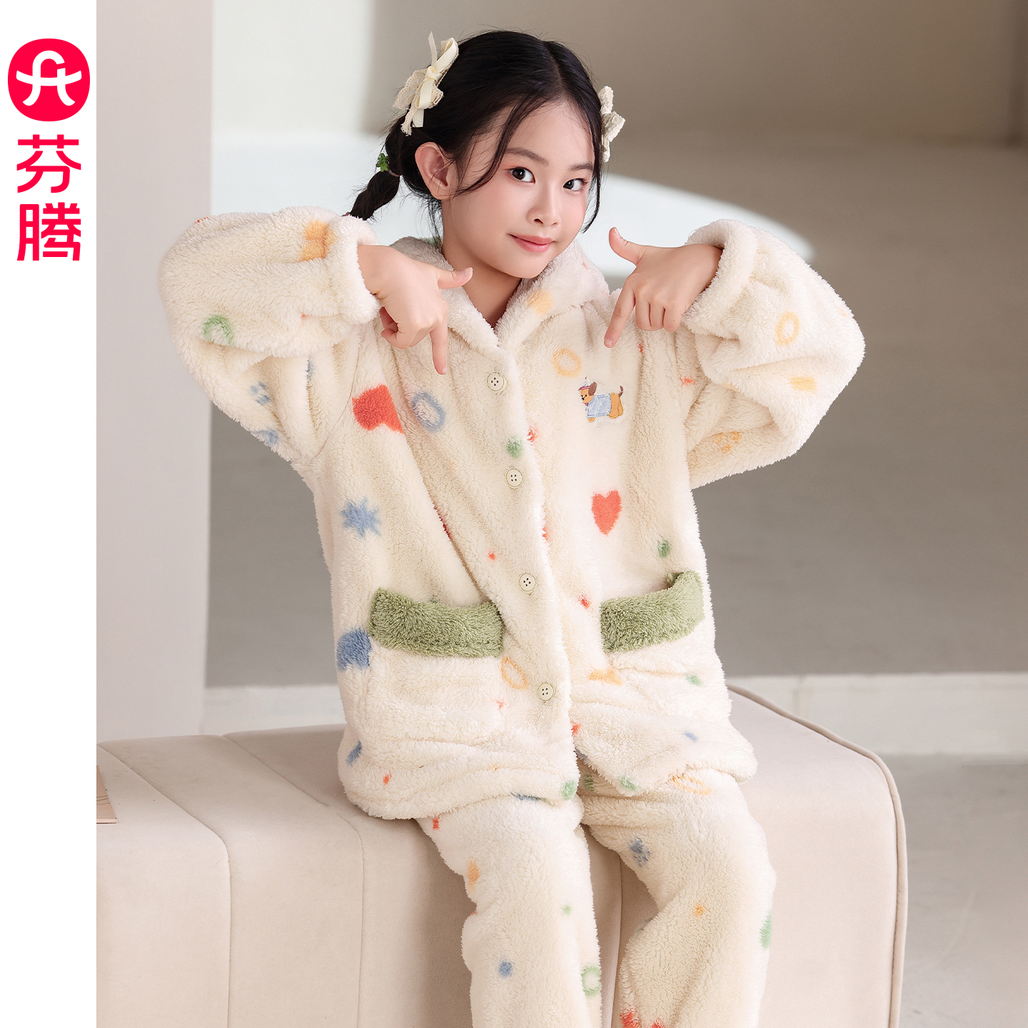 芬腾亲子睡衣女童秋冬季珊瑚绒连帽儿童中大童加绒母女家居服套装