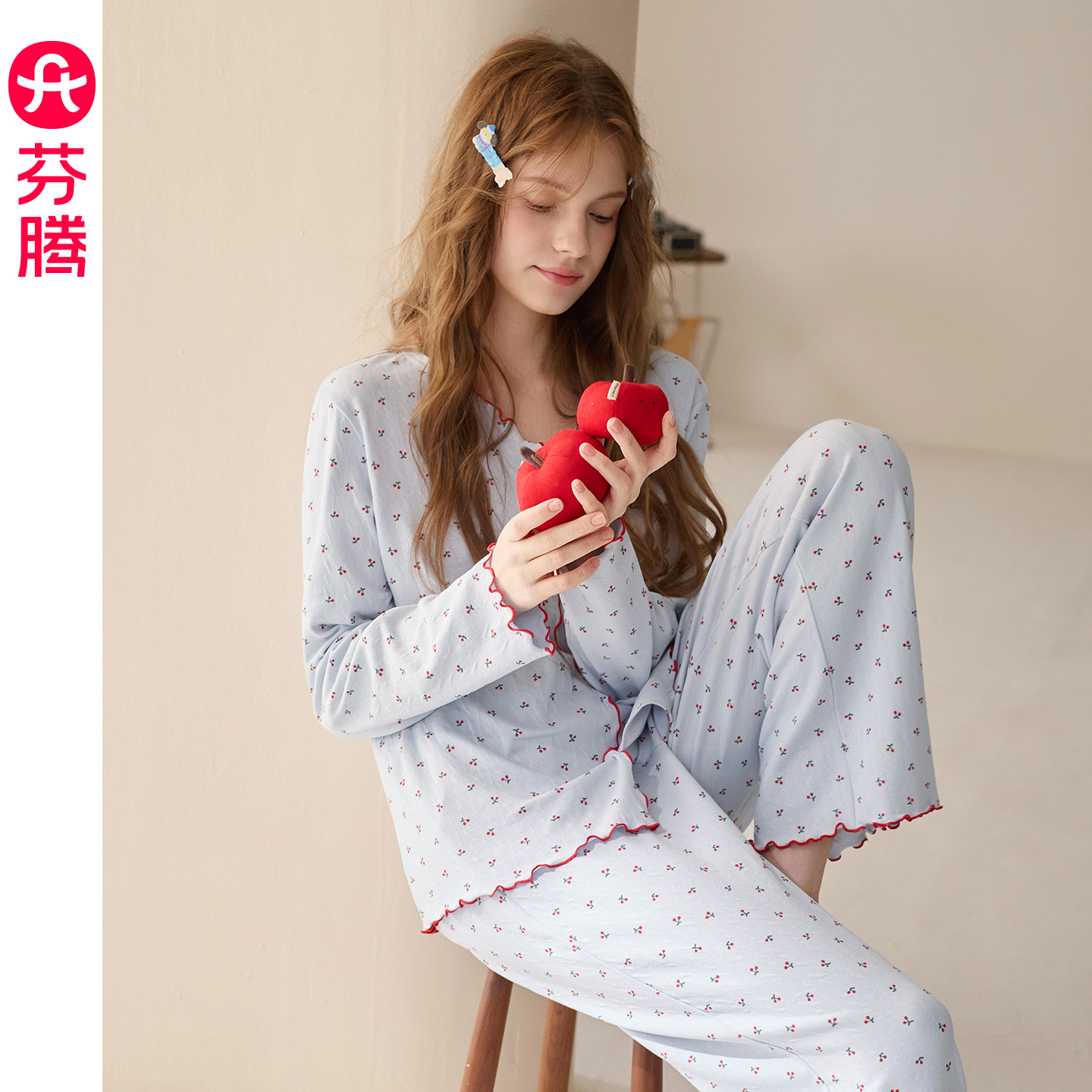 芬腾纯棉睡衣女款秋季长袖套头木耳边高级感大码休闲女家居服套装