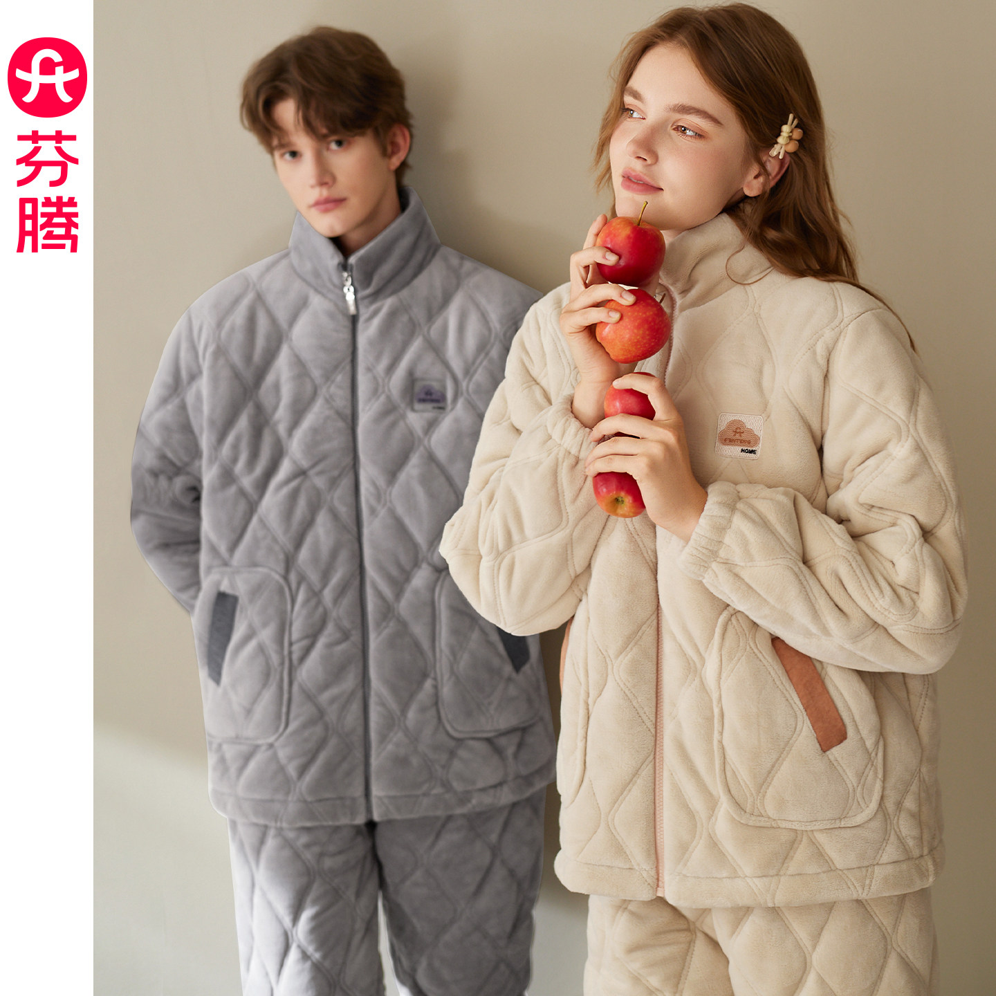 芬腾情侣睡衣女冬季珊瑚绒三层夹棉加厚法兰绒抗静电家居服男套装