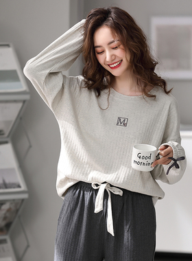 芬腾春秋长袖睡衣女纯棉套头韩版简约秋季休闲全棉大码家居服套装