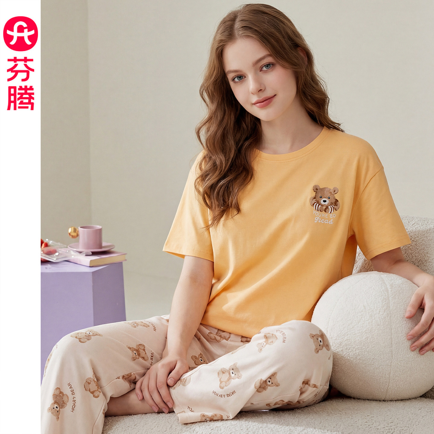 芬腾纯棉睡衣女夏季薄款短袖长裤图片
