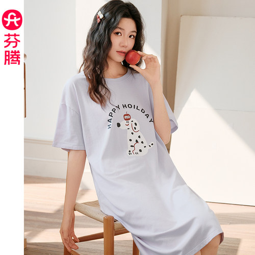 芬腾女士夏季纯棉短袖薄款睡裙