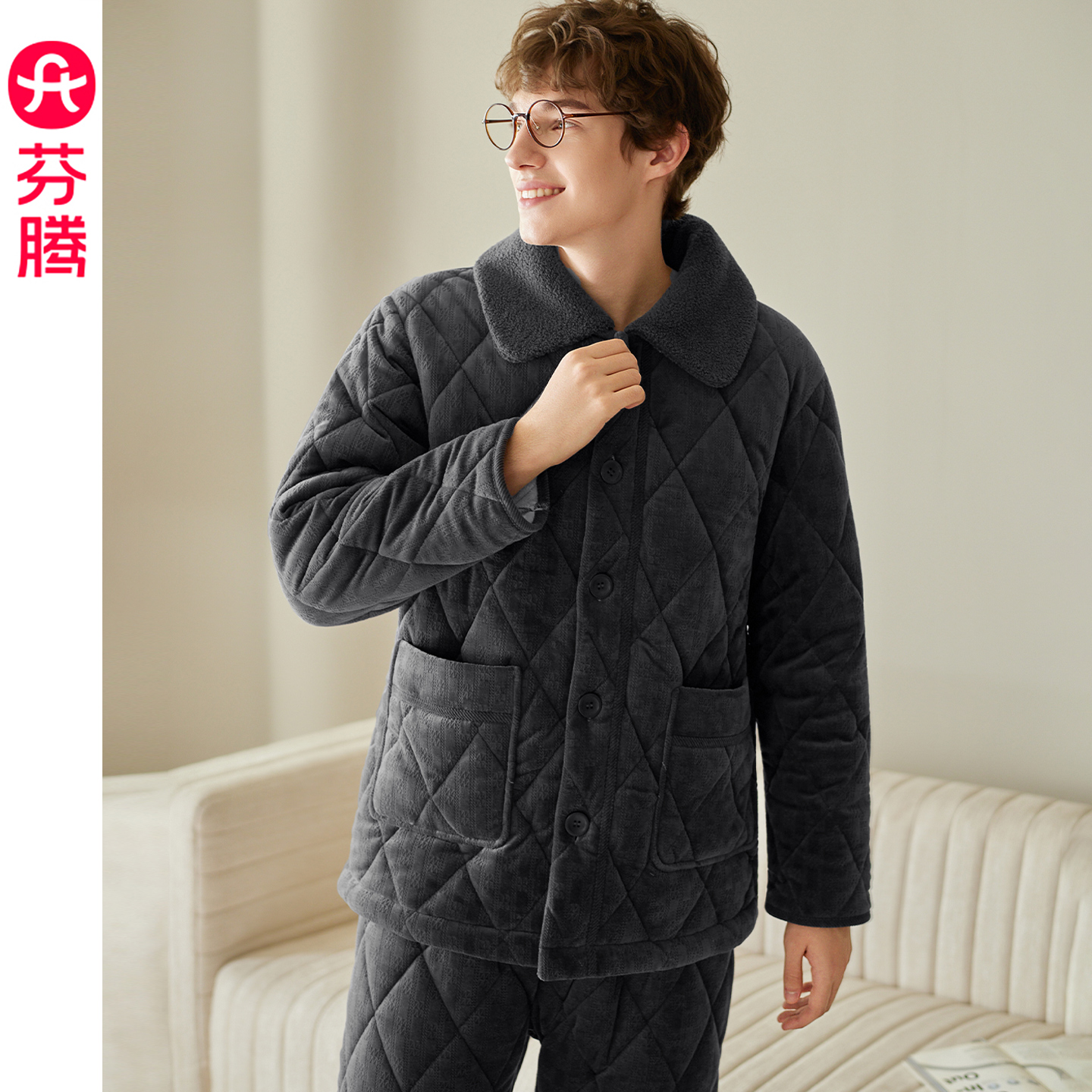 芬腾睡衣男士冬季珊瑚绒夹棉加厚