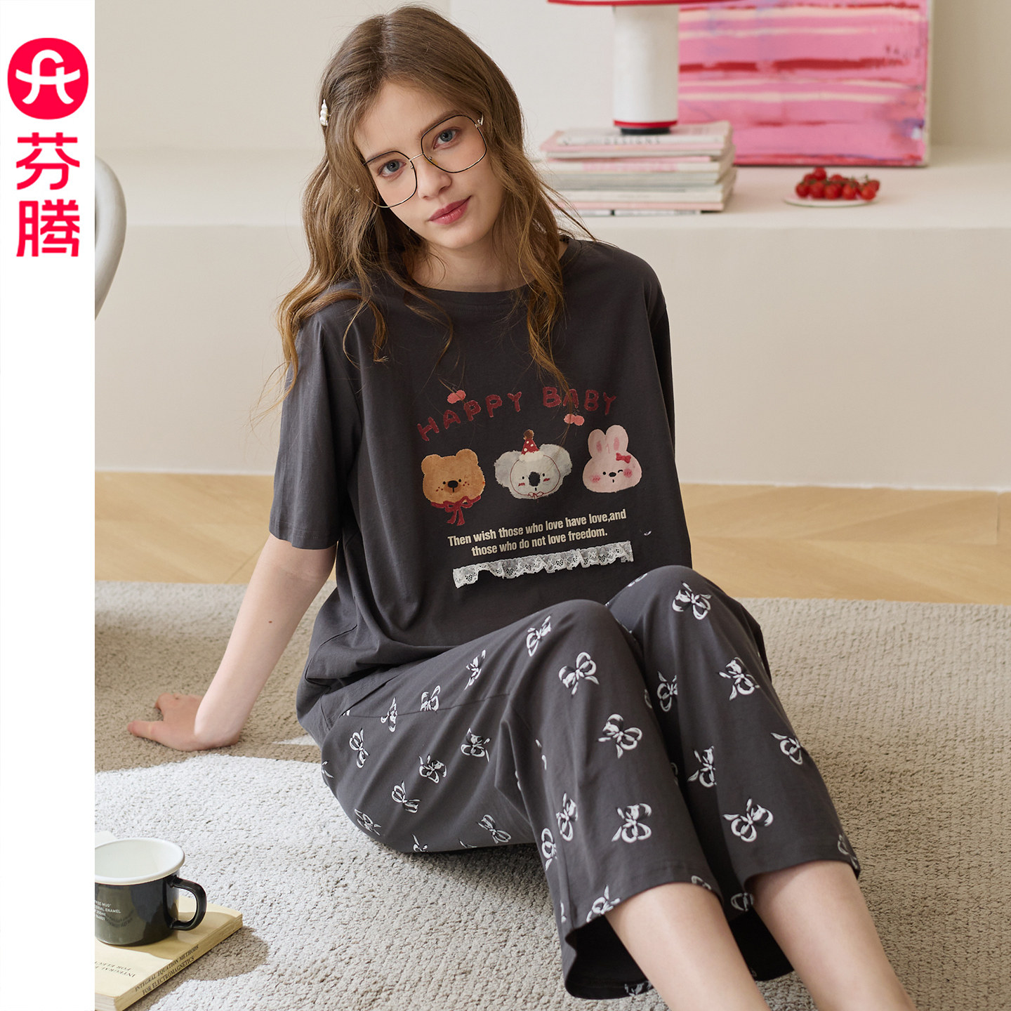 芬腾纯棉睡衣女士夏季薄款短袖套装可爱女款夏天休闲加大码家居服