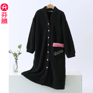 芬腾女士睡袍秋冬季珊瑚绒睡衣女款保暖大码法兰绒加绒家居服睡裙