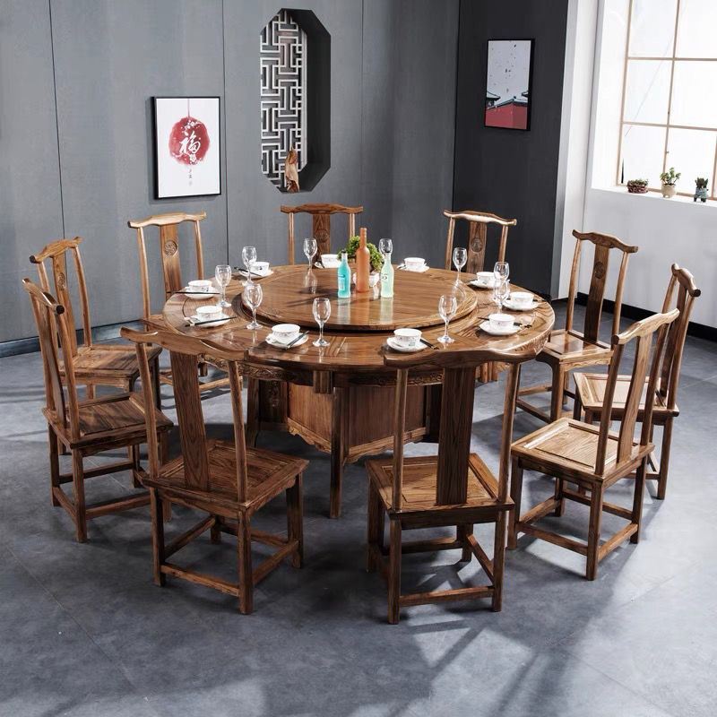 2023实木餐桌椅组合中式仿古雕花转盘酒店电动餐桌圆桌榆木大圆桌