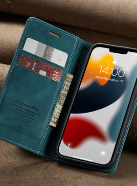 适用于iPhone15ProMax手机壳翻盖式苹果16皮套防摔磁吸支架IP12保护套插卡时尚新款十二男女款复古商务