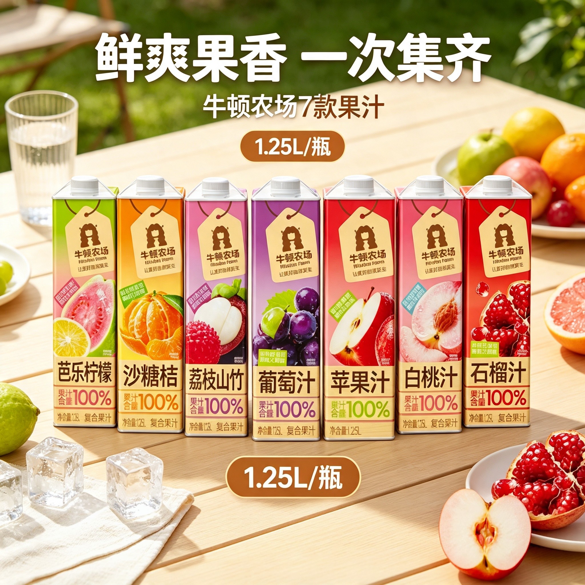 牛顿农场100%复合果汁1250ml饮品芭乐柠檬荔枝山竹新鲜果汁饮料品