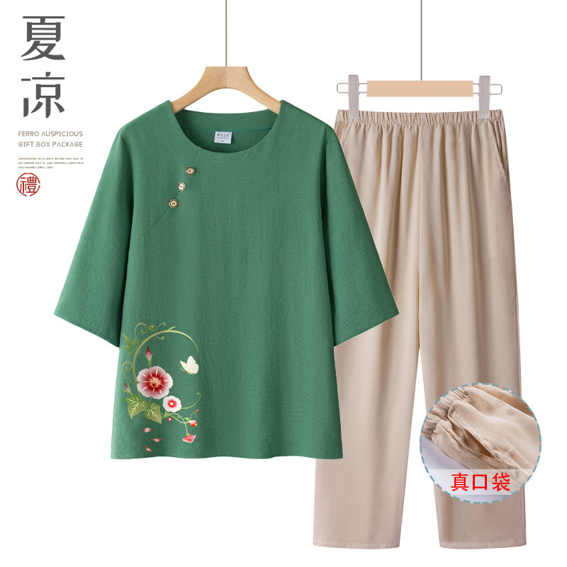 夏装中袖衣服女中老年妈妈薄款T恤奶奶印花新中式上衣婆婆清凉装