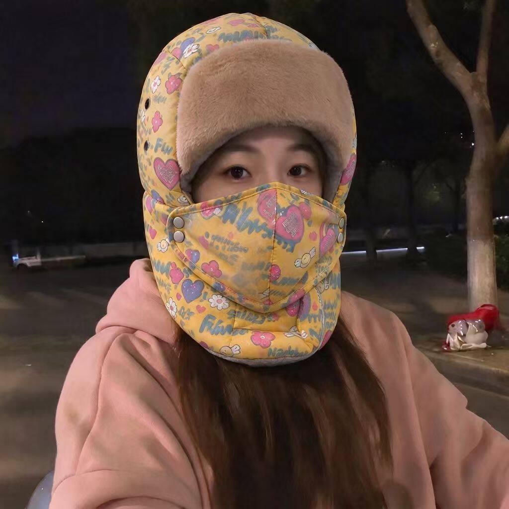 冬季骑车涂鸦雷锋帽女士保暖防寒防风套头帽护耳护脖带护目镜帽子