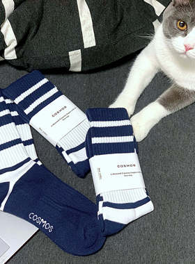 COSMOS新款CITY BOY造型ins日系简约藏蓝斑马纹路堆叠中长筒袜子