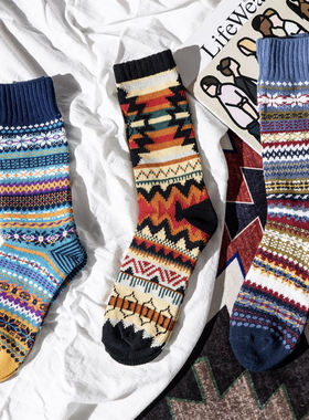 COSMOS男女情侣袜复古印第安图案民族风阿美咔叽纯棉加厚长筒袜冬