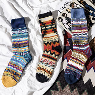 COSMOS男女情侣袜复古印第安图案民族风阿美咔叽纯棉加厚长筒袜冬