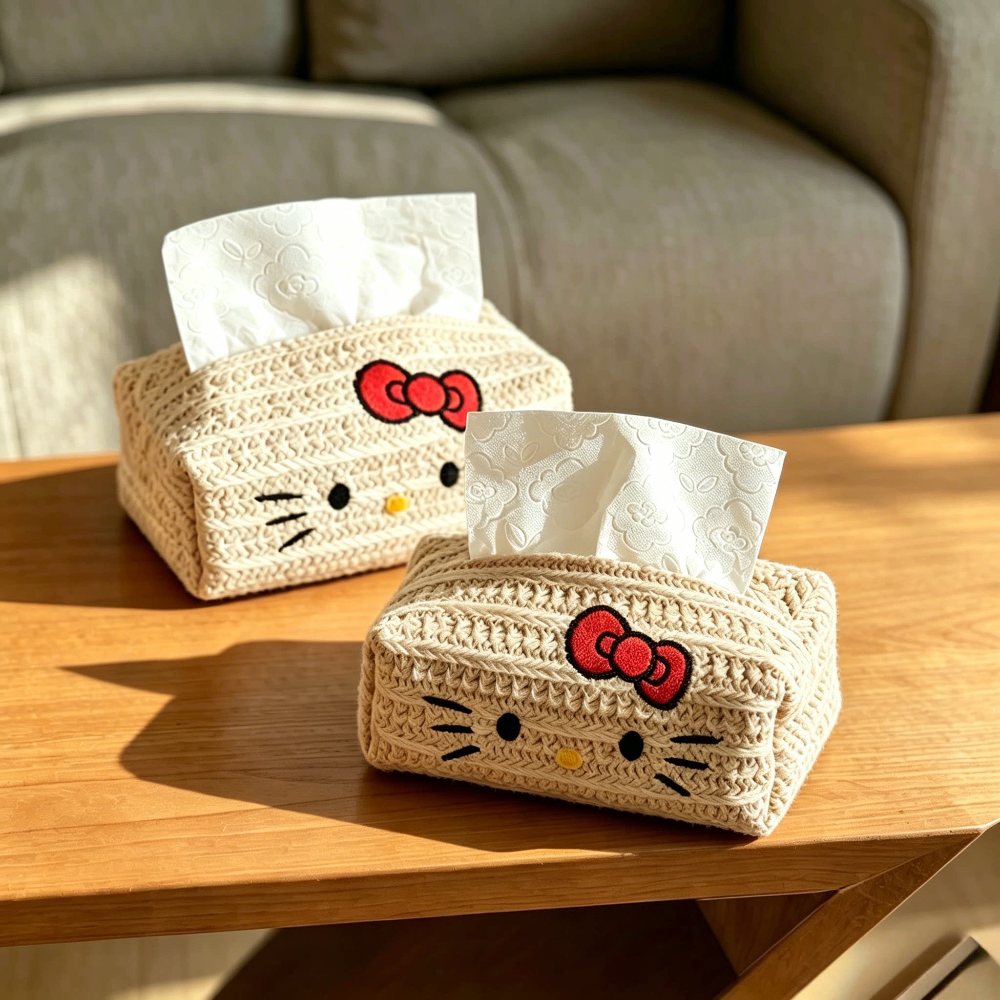 新款草编kitty刺绣可爱卡通纸巾盒茶几创意家用居家抽纸客厅纸盒