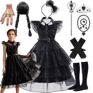 Wednesday Addams Cosplay Costume Girls Black Gothic Dress El