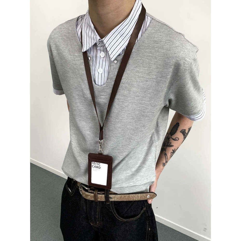 EME竹节肌理假两件短袖polo衫图片