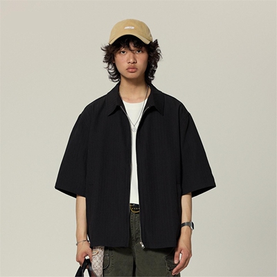 美式休闲肌理感褶皱短袖衬衫男