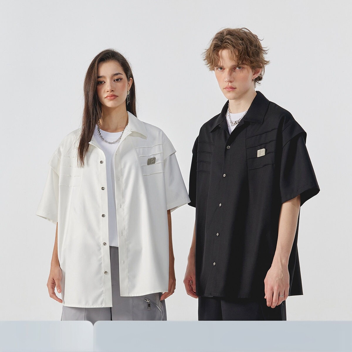 FORNINES小众解构压褶设计感衬衫男女夏季短袖潮牌美式白色半截袖