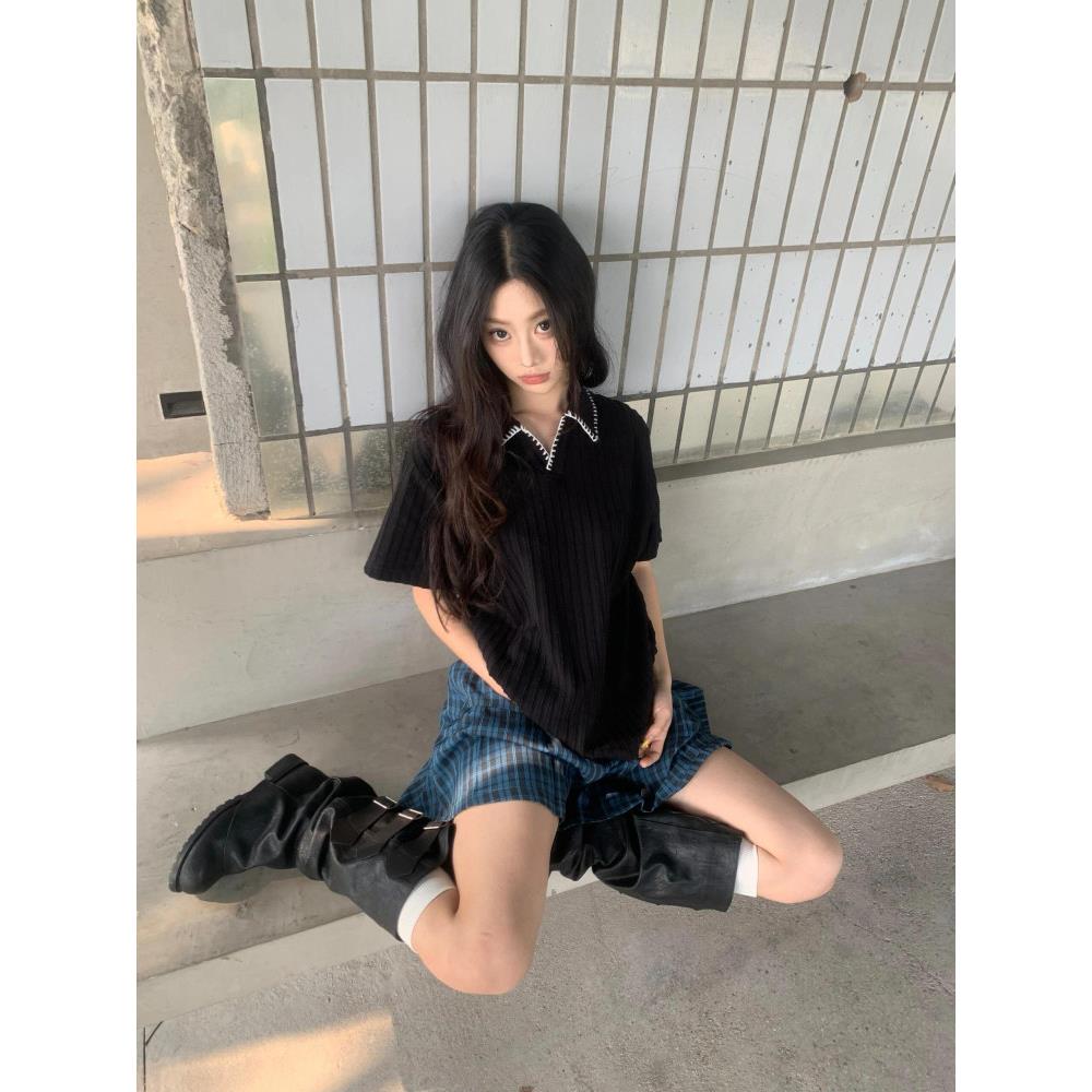 韩国 小众设计师款 手缝线麦穗纹POLO 高知感V领翻领短袖T恤男女