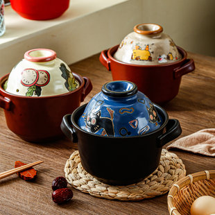 日式陶瓷砂锅煲家用耐高温干烧不裂可爱高颜值煲汤炖锅燃气灶专用