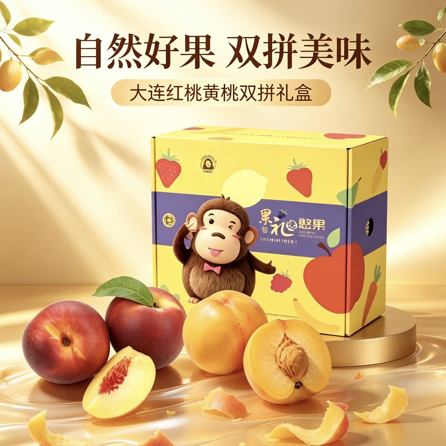 憨果鲜生大连红油桃黄桃双拼礼盒水果特产节日端午送礼整箱4/5斤