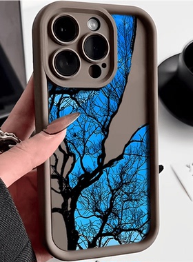 大咖素描枯树蓝适用iphone1615苹果14p手机壳13金刚砂12P防摔1187苹果16pro小米15华为mate70vivo/oppo