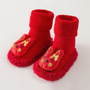 公仔红袜儿童婴幼儿袜加厚棉袜子冬天款加绒地板鞋婴儿学步新款