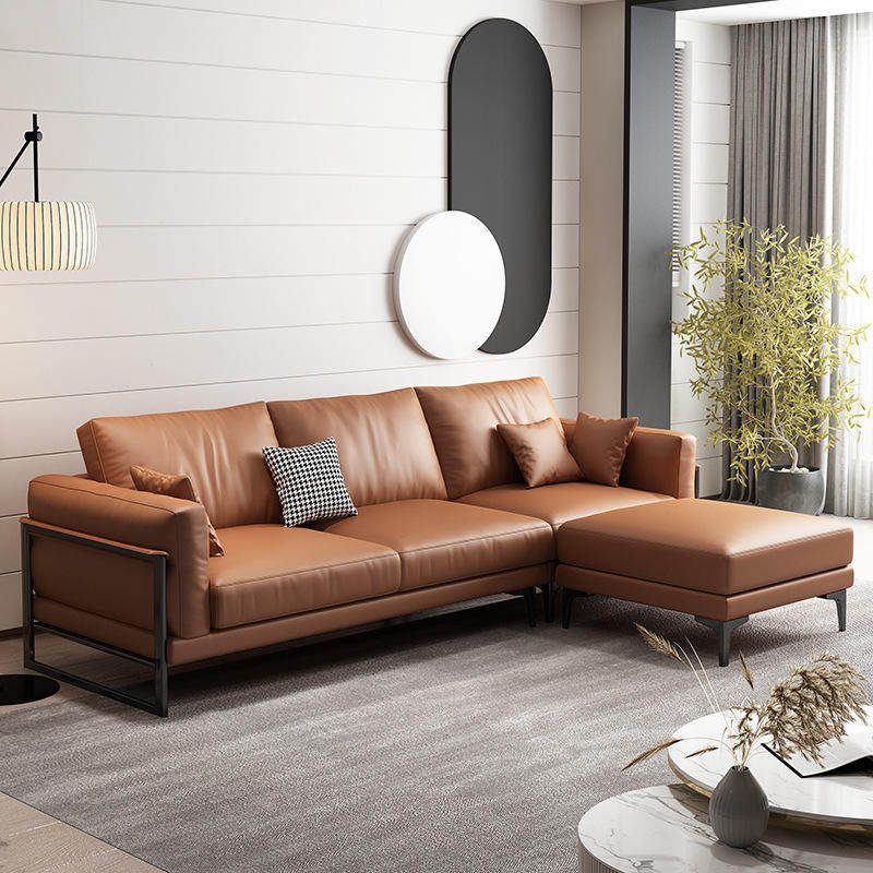 意式极简三人四沙发北欧乳胶loft铁艺直排小户型驼色皮沙发