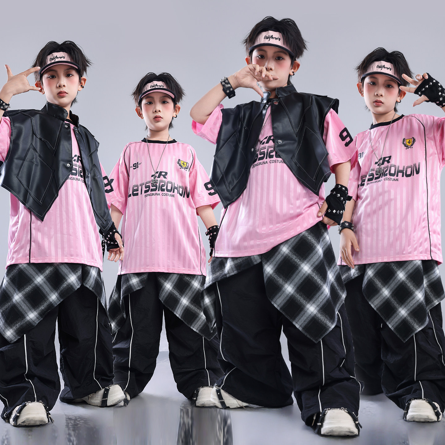 儿童hiphop架子鼓表演服蓝色多巴胺套装男童街舞潮服少儿演出服夏图片
