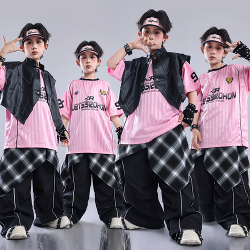 儿童hiphop架子鼓表演服蓝色多巴胺套装男童街舞潮服少儿演出服夏