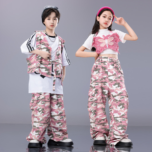 女童爵士舞服装嘻哈短款上衣迷彩工装裤街舞潮装少儿jazz演出服夏