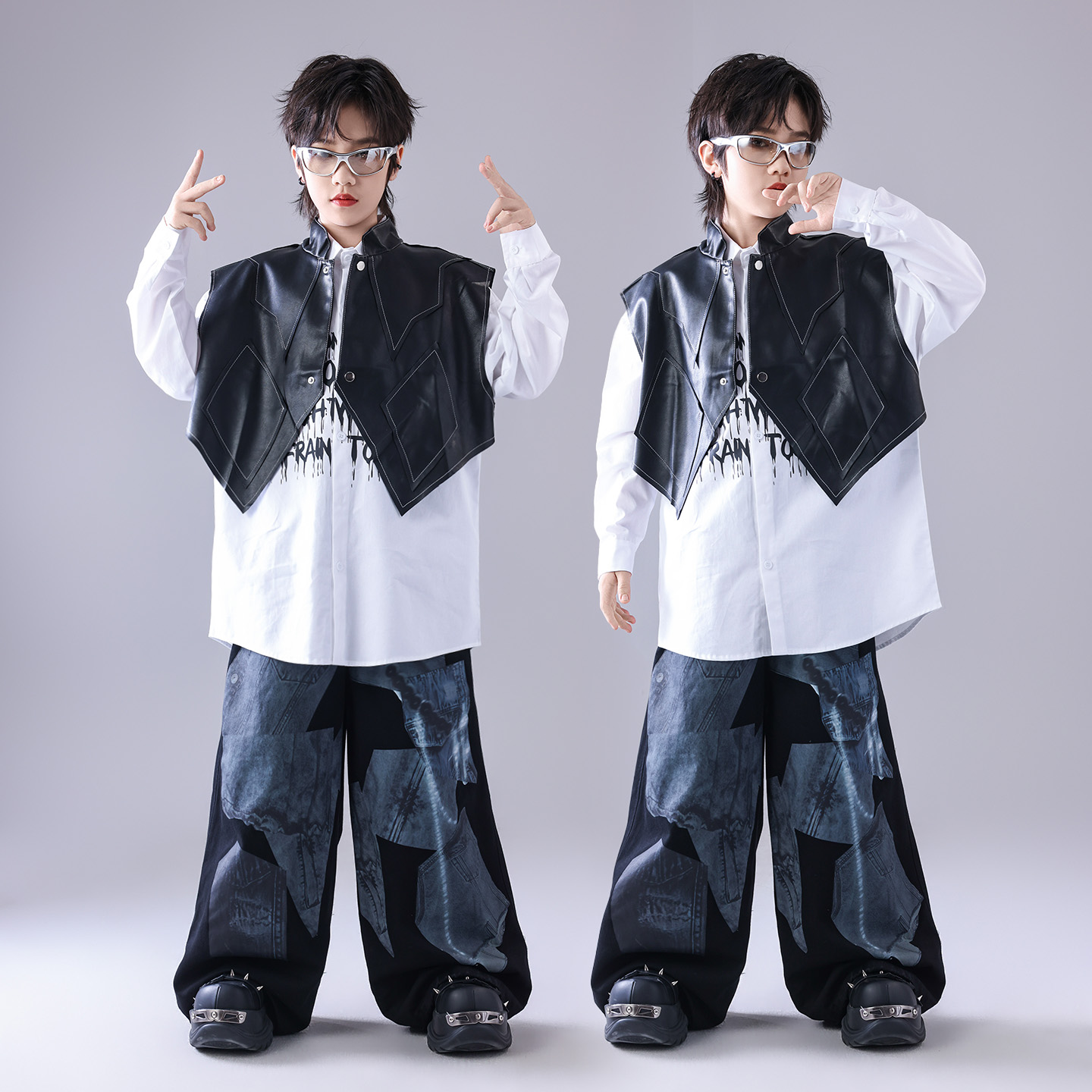 男孩酷帅皮马甲架子鼓表演服装