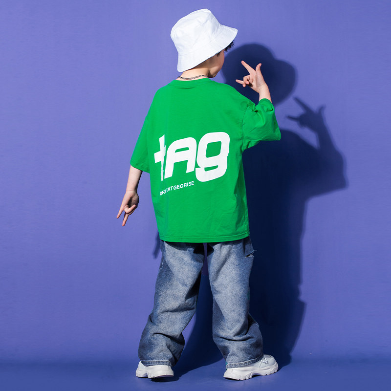 六一儿童嘻哈街舞表演服男童走秀潮服少儿绿色爵士舞蹈演出服装夏