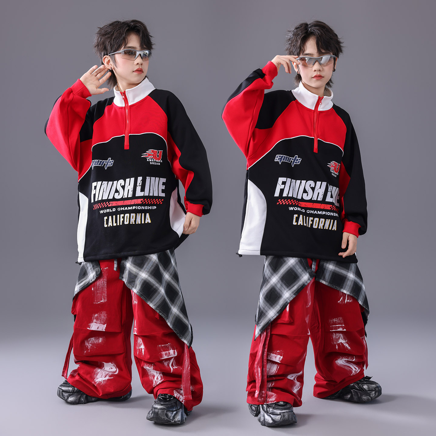 元旦红色喜庆演出服街舞儿童潮服男童嘻哈套装少儿hiphop表演服装