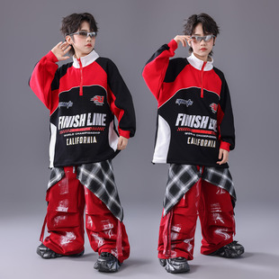 元旦红色喜庆演出服街舞儿童潮服男童嘻哈套装少儿hiphop表演服装
