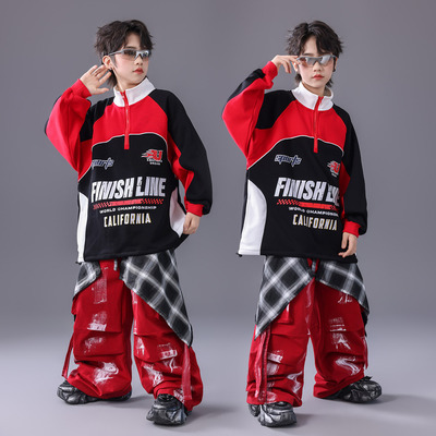 元旦红色喜庆演出服街舞儿童潮服男童嘻哈套装少儿hiphop表演服装