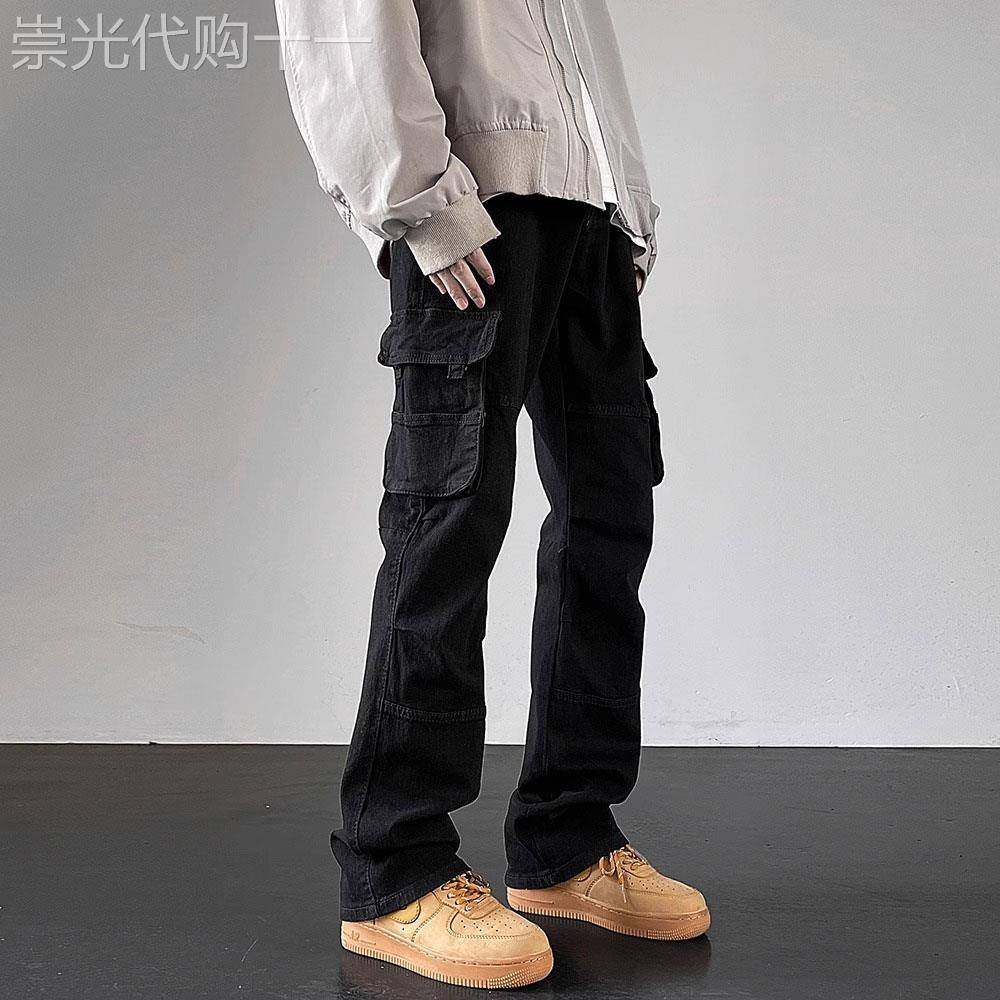 黑色工装牛仔裤男士春秋冬季美式潮牌多口袋宽松直筒休闲阔腿长裤