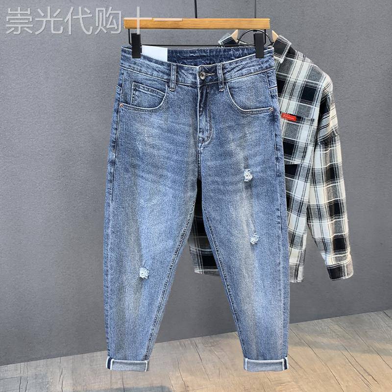 夏季新款水洗时尚潮牌九分破洞牛仔裤男士宽松锥形小直筒乞丐裤子