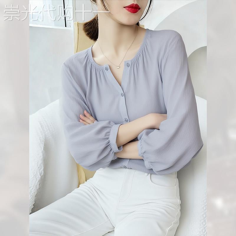轻奢漂亮灰蓝色七分袖衬衫女夏季2026年新款宽松休闲上衣百搭衬衣