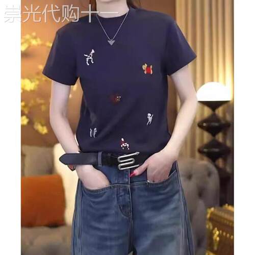 藏青色圆领短袖T恤女2025夏季穿搭薄款大码胖MM时尚百搭宽松上衣