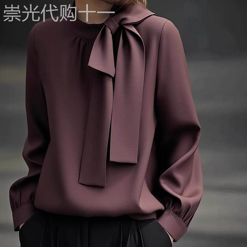 轻熟风酒红色蝴蝶结立领长袖衬衫女欧货优雅洋气百搭高级感衬衣潮